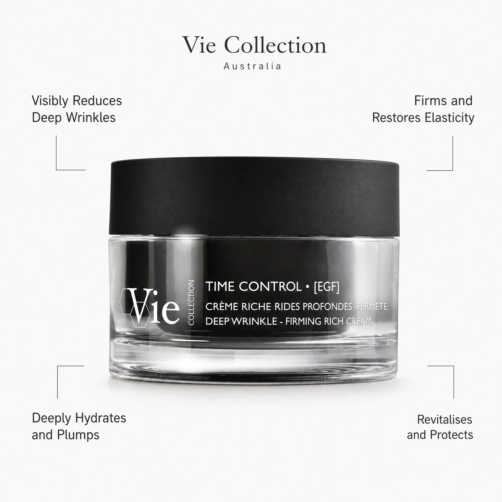 Vie Collection Time Control EGF Deep Wrinkles Firming Rich Cream 50ml benefit callout image highlighting deep wrinkle reduction, skin firming, intense hydration, and marine revitalization.