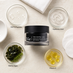 Vie Collection Time Control EGF Deep Wrinkles Firming Rich Cream 50ml ingredient flatlay with EGF and pro-collagen peptides, hyaluronic acid, marine algae with sea fennel, and vitamin E in clean glass petri dishes.