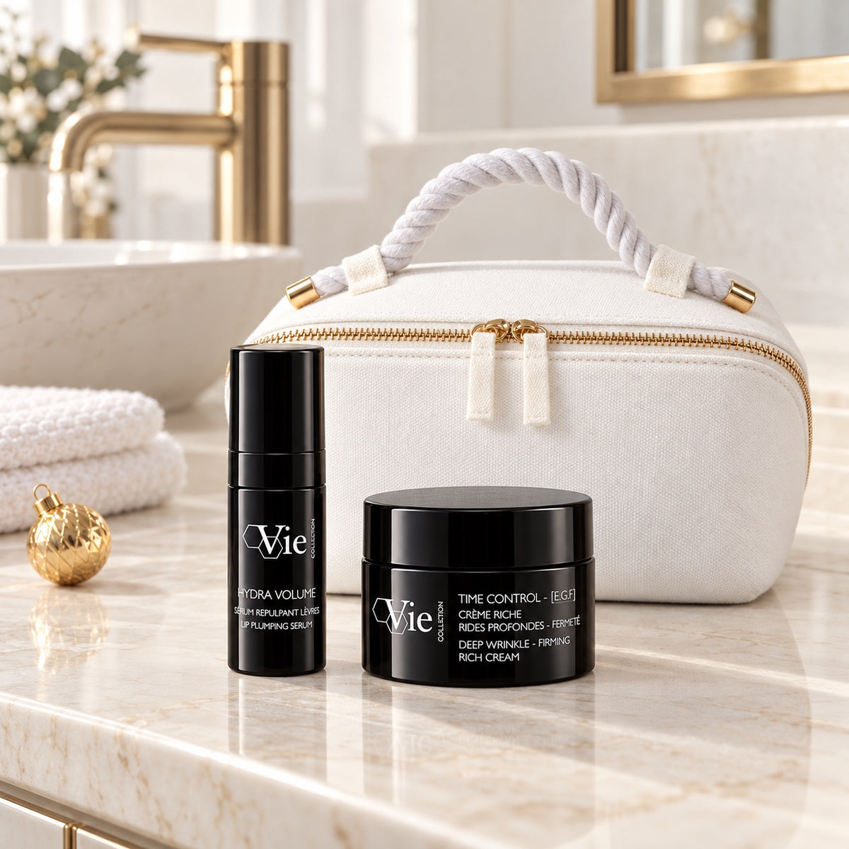 VIE COLLECTION Time Control Ritual Gift Set displayed on a bathroom counter. File: vie-collection-time-control-ritual-gift-set-bathroom-counter-2026.jpg