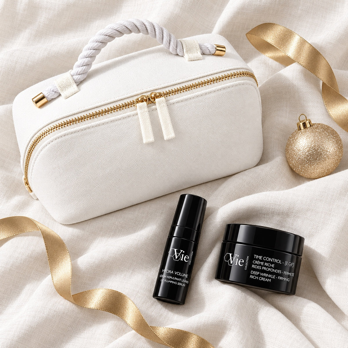 VIE COLLECTION Time Control Ritual Gift Set arranged in a festive flatlay. File: vie-collection-time-control-ritual-gift-set-christmas-flatlay-2026.jpg
