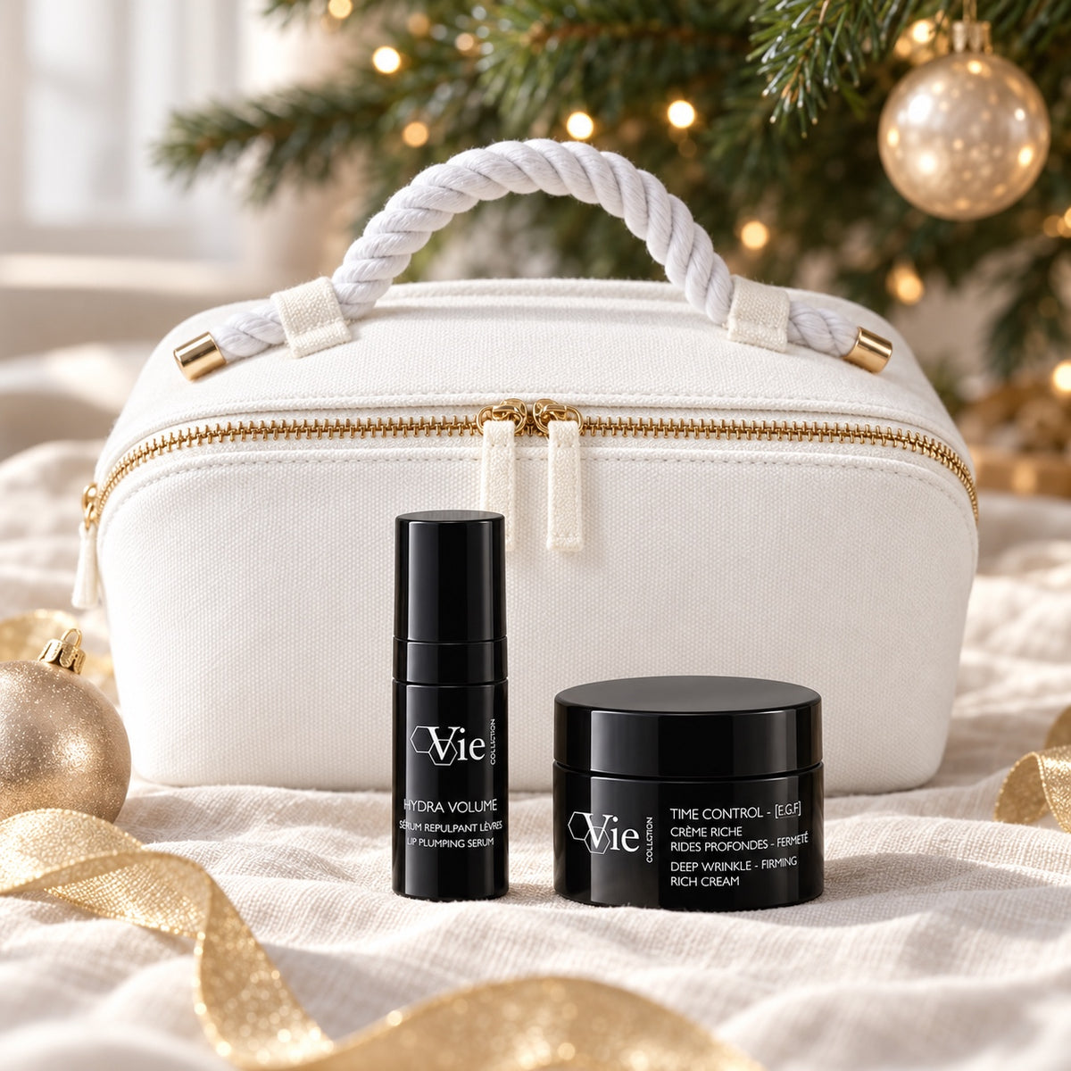 VIE COLLECTION Time Control Ritual Gift Set displayed beside a Christmas tree. File: vie-collection-time-control-ritual-gift-set-christmas-tree-2026.jpg