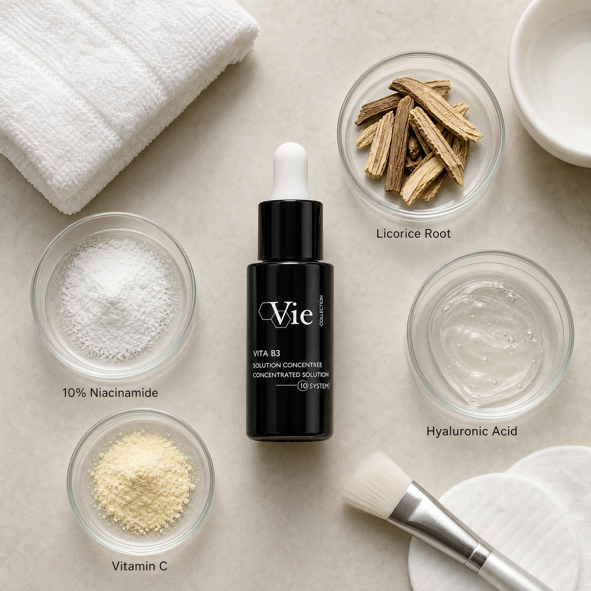 Vie Collection Vita B3 Concentrated Solution 15ml ingredients flatlay with 10% niacinamide, vitamin C, licorice root extract, and hyaluronic acid in clean glass petri dishes for professional B2B education.