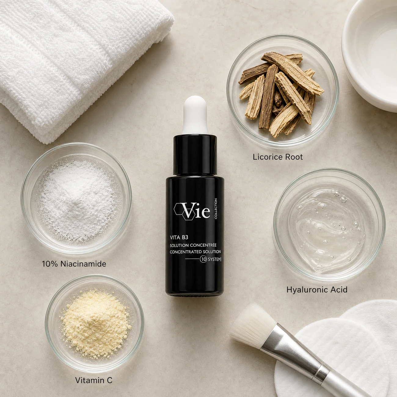 Vie Collection Vita B3 Concentrated Solution 15ml ingredients flatlay with 10% niacinamide, vitamin C, licorice root extract, and hyaluronic acid in clean glass petri dishes for professional B2B education.