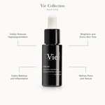 Vie Collection Vita B3 Concentrated Solution 15ml benefit callout image highlighting hyperpigmentation reduction, skin tone brightening, redness calming, and pore refinement.