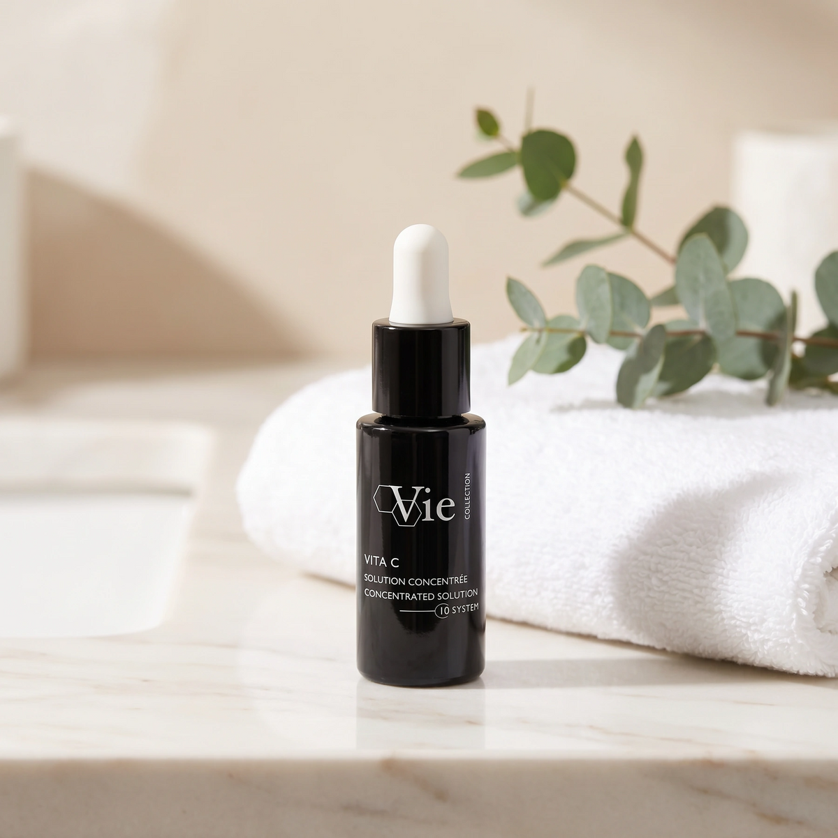 Vie Collection Vita C Concentrated Solution 15ml styled on a premium bathroom vanity for brighter, more radiant-looking skin.