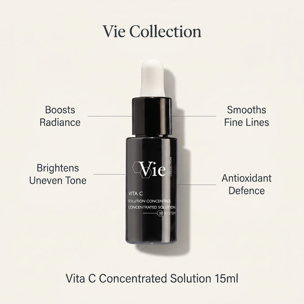 Vie Collection Vita C Concentrated Solution 15ml with callouts for radiance, brighter tone, smoother fine lines and antioxidant defence.
