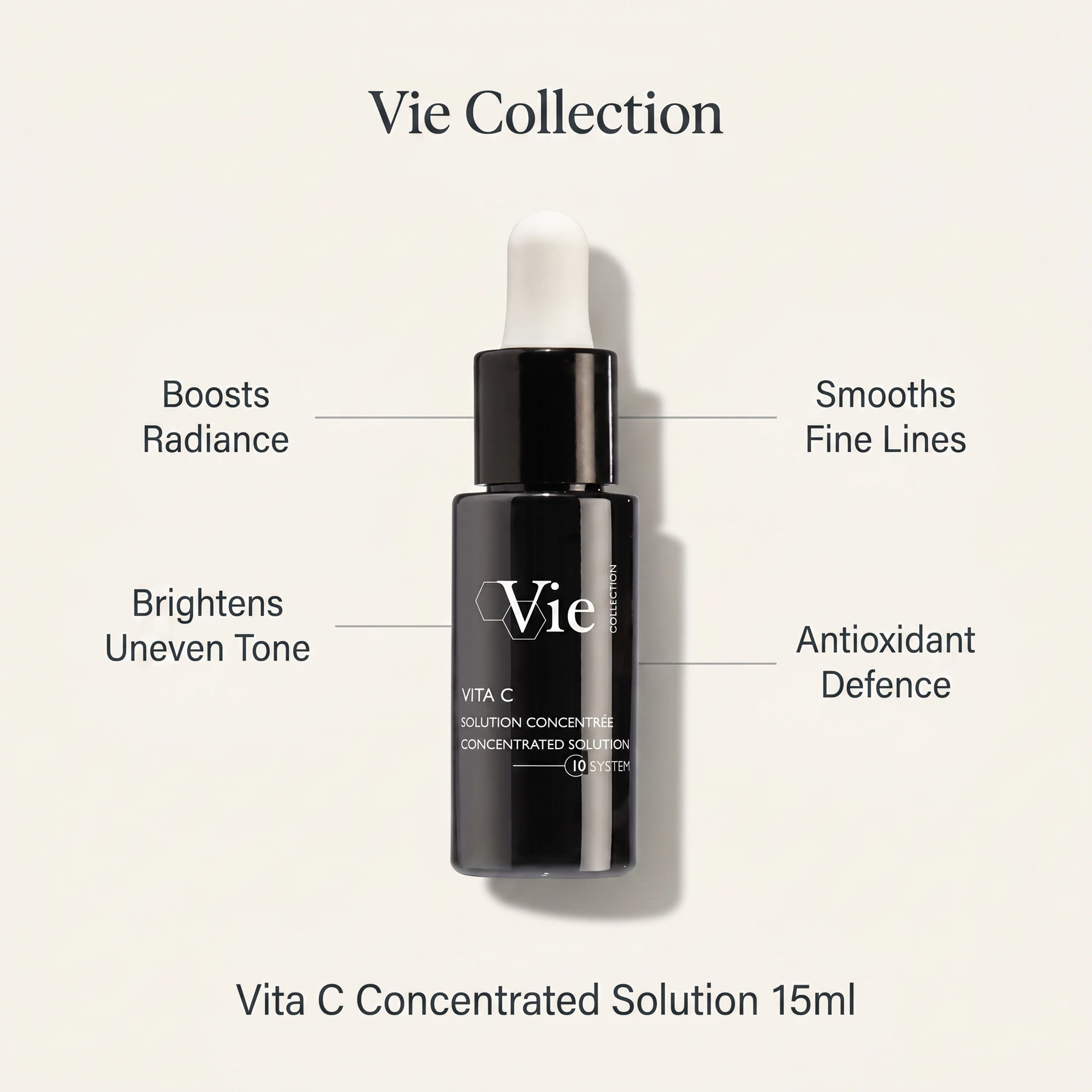 Vie Collection Vita C Concentrated Solution 15ml with callouts for radiance, brighter tone, smoother fine lines and antioxidant defence.