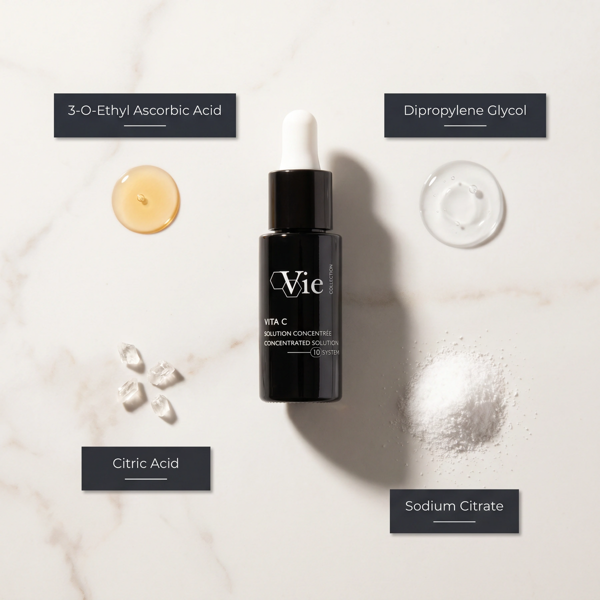 Vie Collection Vita C Concentrated Solution 15ml with 3-O-Ethyl Ascorbic Acid, Dipropylene Glycol, Citric Acid and Sodium Citrate.