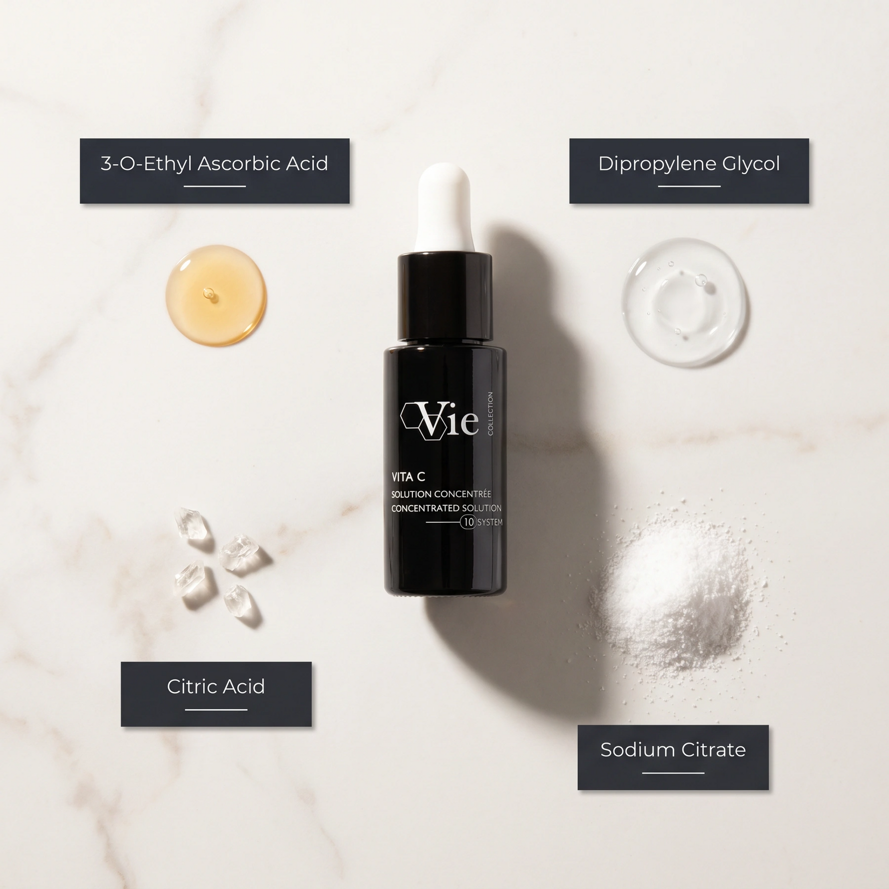 Vie Collection Vita C Concentrated Solution 15ml with 3-O-Ethyl Ascorbic Acid, Dipropylene Glycol, Citric Acid and Sodium Citrate.