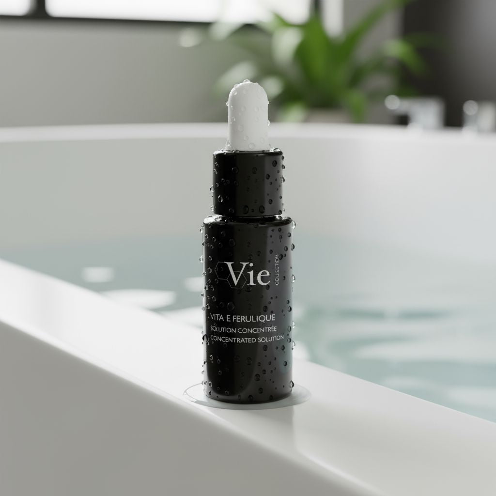VIE COLLECTION Vita E Ferulic Concentrated Solution 15ml on a white surface with a blurred background