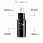 Vie Collection Vita E Ferulic Concentrated Solution 15ml benefit callout image highlighting environmental damage shielding, radiance boosting, UV and pollution defense, and lightweight absorption.