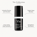 Vie Collection Wrinkle Dimension Hyaluronic Acid Concentrate 15ml benefit callout image highlighting instant plumping, deep wrinkle targeting, long-lasting hydration, and barrier strengthening.