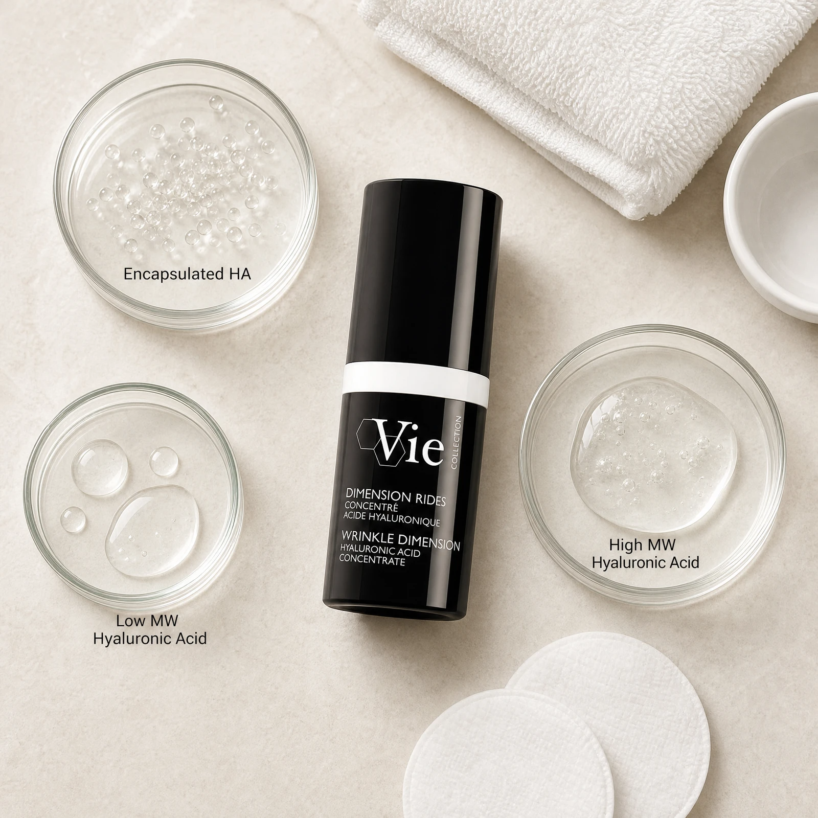 Vie Collection Wrinkle Dimension Hyaluronic Acid Concentrate 15ml ingredient flatlay with encapsulated hyaluronic acid, low molecular weight hyaluronic acid, and high molecular weight hyaluronic acid in clean glass petri dishes.
